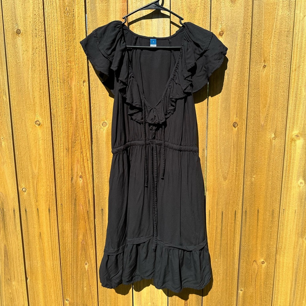 Old Navy Waist Defined Black Ruffle Trim Midi Dress Size M